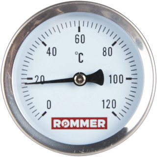 Термометр биметаллический, до 120°С, D = 63 мм, подкл. 1/2", с погружной гильзой 75 мм, ROMMER Артикул RIM-0001-637515