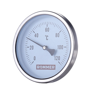 Термометр биметаллический, до 120°С, D = 63 мм, подкл. 1/2", с погружной гильзой 50 мм, ROMMER Артикул RIM-0001-635015