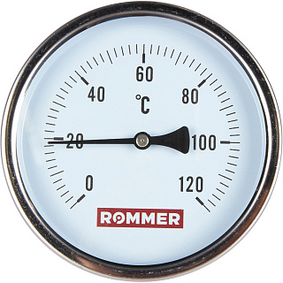 Термометр биметаллический, до 120°С, D = 100 мм, подкл. 1/2", с погружной гильзой 75 мм, ROMMER Артикул RIM-0001-107515