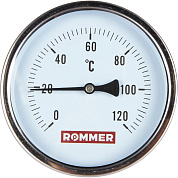 Термометр биметаллический, до 120°С, D = 100 мм, подкл. 1/2", с погружной гильзой 75 мм, ROMMER
