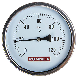 Термометр биметаллический, до 120°С, D = 100 мм, подкл. 1/2", с погружной гильзой 50 мм, ROMMER Артикул RIM-0001-105015