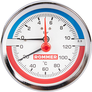 Термоманометр аксиальный D = 80, подкл. 1/2", до 10 бар, с автомат. запорным клапаном, ROMMER Артикул RIM-0005-801015