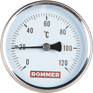 Термометр биметаллический, до 120°С, D = 80 мм, подкл. 1/2", с погружной гильзой 75 мм, ROMMER Артикул RIM-0001-807515