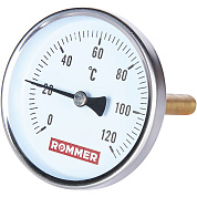 Термометр биметаллический, до 120°С, D = 80 мм, подкл. 1/2", с погружной гильзой 100 мм, ROMMER