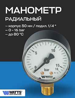 Манометр радиальный F+R200 50 мм 1/4" 16 бар WATTS Артикул 10007384