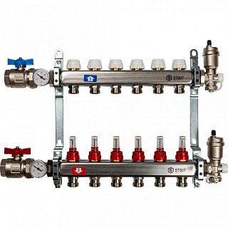 Коллектор нерж в сборе 6 выходов с расходомерами STOUT Нержавеющая сталь