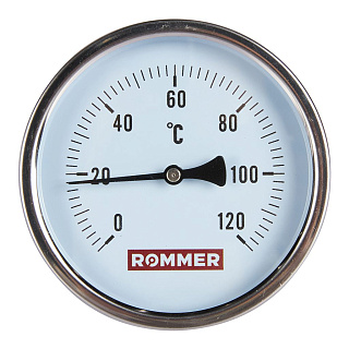 Термометр биметаллический, до 120°С, D = 100 мм, подкл. 1/2", с погружной гильзой 100 мм, ROMMER Артикул RIM-0001-101015