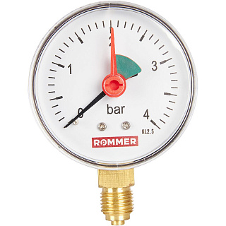 Манометр радиальный D = 63 мм, подкл. 1/4", до 4 бар, с указателем предела, ROMMER Артикул RIM-0008-630408