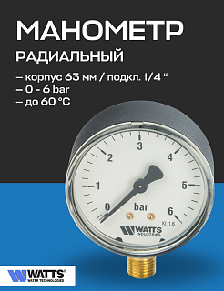 Манометр радиальный F+R200 63 мм 1/4" 6 бар WATTS Артикул 10007723
