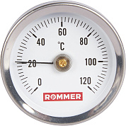 Термометр биметаллический, накладной, до 120°С, D = 63 мм, подкл. 1/2", с пружиной, ROMMER