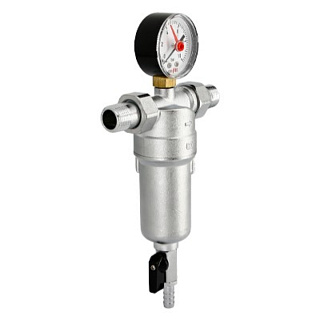 Фильтр магистральный промывной UNI-FITT 1/2" х 3/4" с редуктором, слив. шаровым краном и манометром Артикул 214C2300