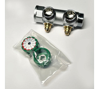 Коллектор НВ 1" х 2 вых 3/4" ЕК, вых 90', 45 мм, с вентилями, хром UNI-FITT Артикул 414C4320