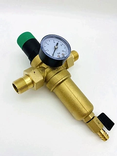 Фильтр магистральный промывной для ГВС TIM - 1/2" (100мкм) с редуктором и манометром латунный корпус Артикул JH-1007