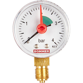 Манометр радиальный D = 50 мм, подкл. 1/4", до 4 бар, с указателем предела, ROMMER Артикул RIM-0008-500408