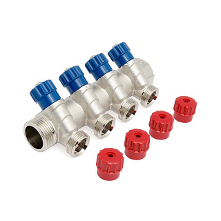 Коллектор ВН Н 1" VALTEC с вентилями на 4 выхода 3/4" и комплектом ручек Артикул VTc.560.NE.060504