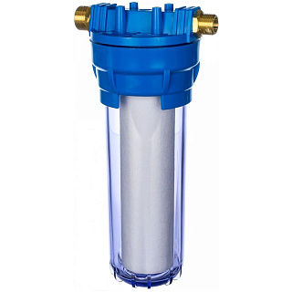 Корпус Гейзер 10" 1/2 МС прозрачный для холодной воды, с пластиковой резьбой, металлическая скоба 10" Slim Line