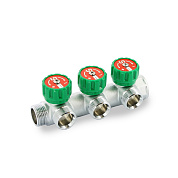 Коллектор ВН 3/4" х 3 вых 3/4" универсальный, вых 90°, 45 мм, с вентилями, хром UNI-FITT OPTIMAL