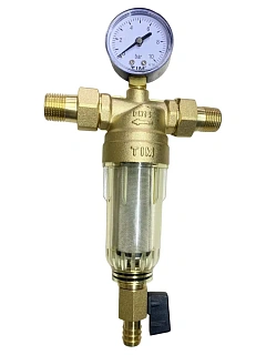 Фильтр магистральный промывной для ХВС TIM - 1/2" (100мкм) с манометром стеклянный корпус Артикул JH-1002