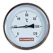 Термометр биметаллический, до 120°С, D = 100 мм, подкл. 1/2", с погружной гильзой 100 мм, ROMMER