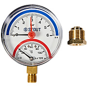 Термоманометр радиальный d=80 мм, до 120'С, до 6 бар STOUT