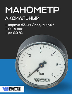 Манометр аксиальный F+R100 63 мм 1/4" 6 бар WATTS Артикул 10008095