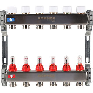 Коллектор ROMMER с расходомерами 6 выходов из нержавеющей стали Нержавеющая сталь