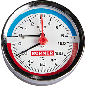 Термоманометр аксиальный D = 80, подкл. 1/2", до 6 бар, с автомат. запорным клапаном, ROMMER