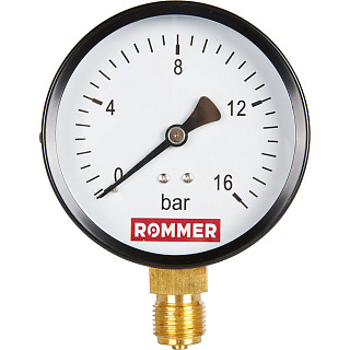 Манометр радиальный D = 100 мм, подключение 1/2", до 16 бар, ROMMER Артикул RIM-0010-101615