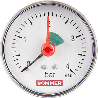 Манометр аксиальный D = 63 мм, подкл. 1/4", до 4 бар, с указателем предела, ROMMER Артикул RIM-0007-630408